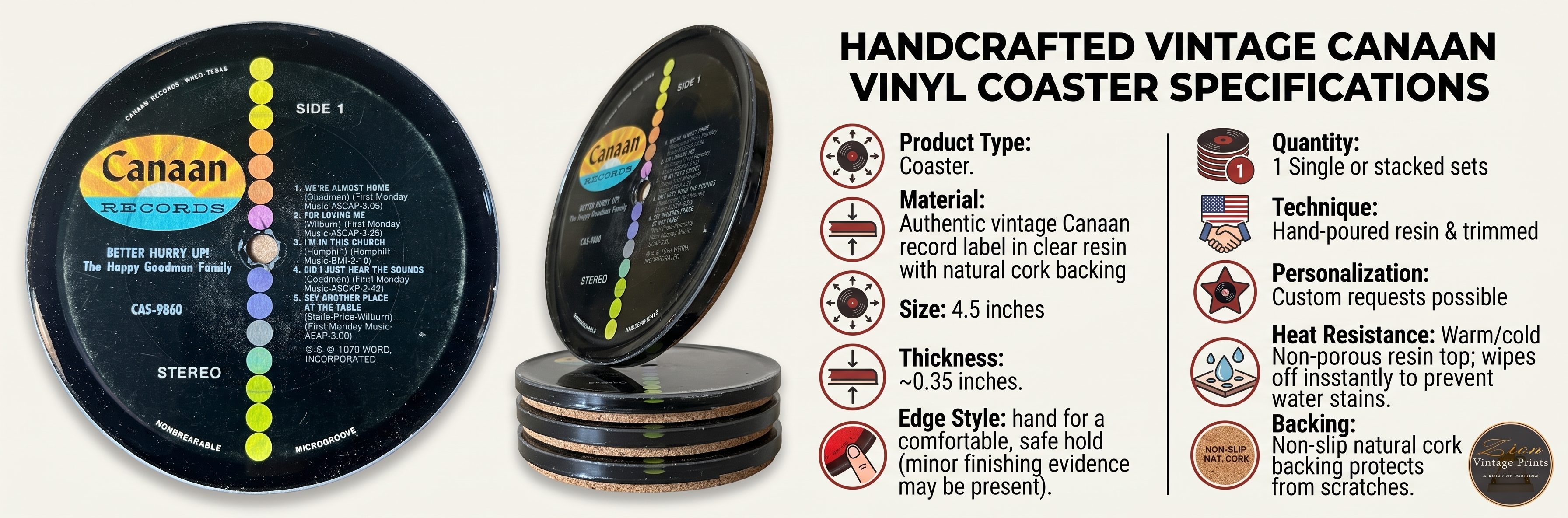 Handcrafted Vintage Canaan Vinyl Coaster